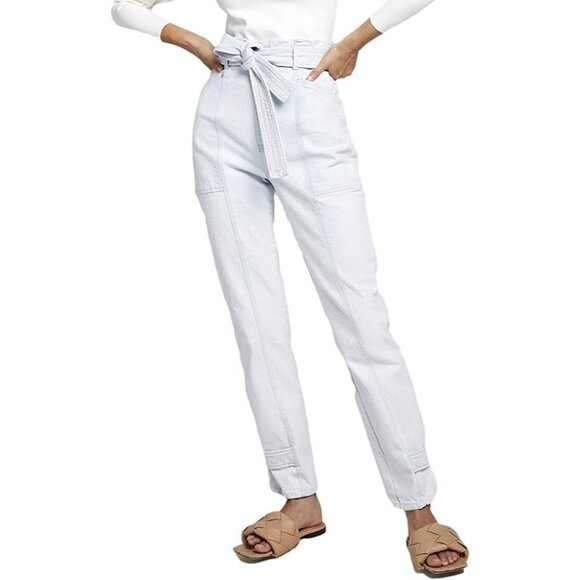 High-Waisted Light Wash Paperbag Waist Jeans With Adjustable Tie Belt For Women - Picture 2 of 10